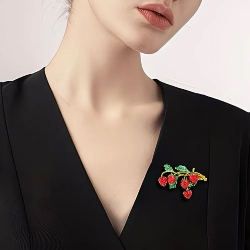 Red Strawberry Branch Enamel Brooch - Gold & Green Accents